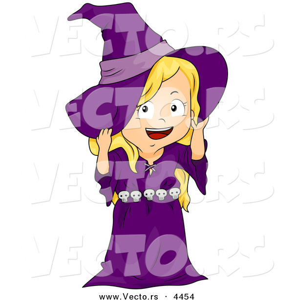 Vector of a Happy Halloween Cartoon Girl in a Witch Costume