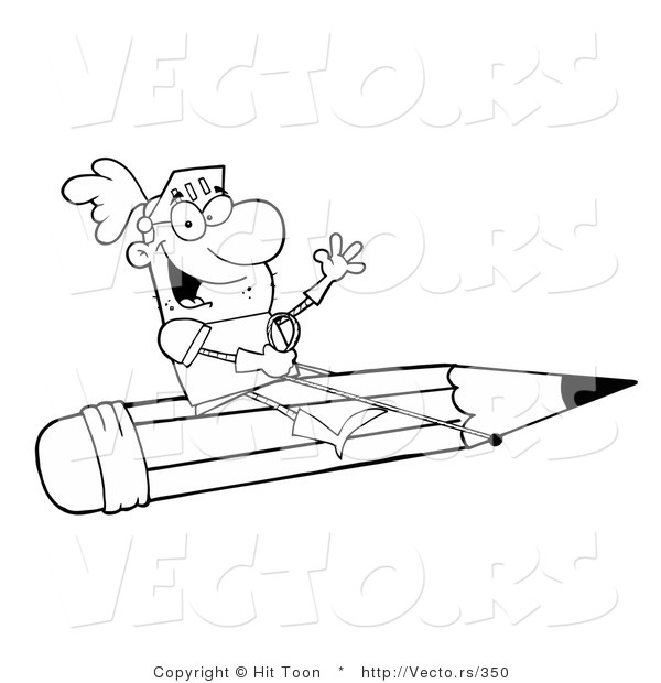 Vector of a Happy Outlined Knight Flying on a Pencil