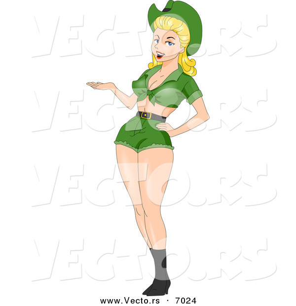 Vector of a Happy Pin-up Girl Wearing St. Patrick's Day Daisy Dukes Outfit with a Hat