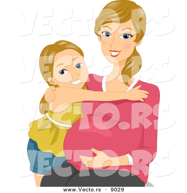 Vector of a Happy Pregnant Mother Embracing Her Daughter and Belly