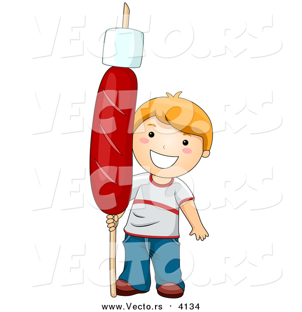 Vector of a Happy Red Haired Boy Holding a Giant Hot Dog with a Marshmallow on a Stick