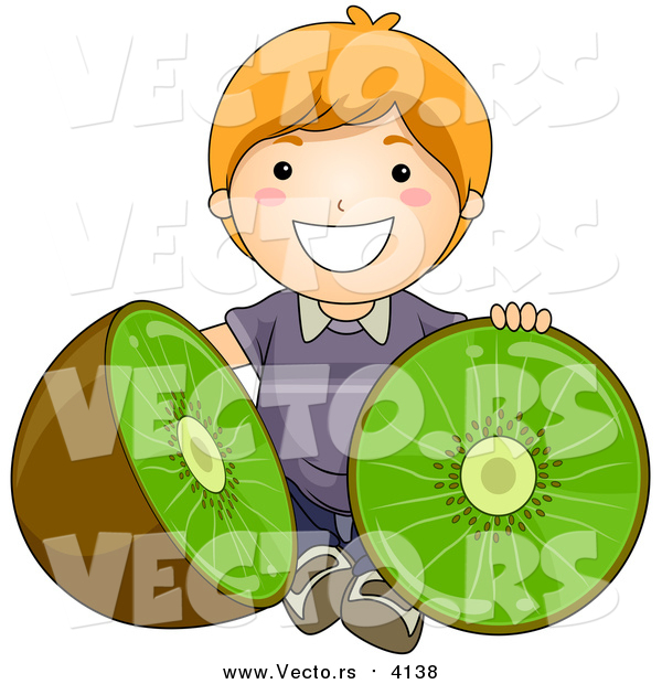 Vector of a Happy Red Haired Boy Sitting with a Halved Giant Kiwi