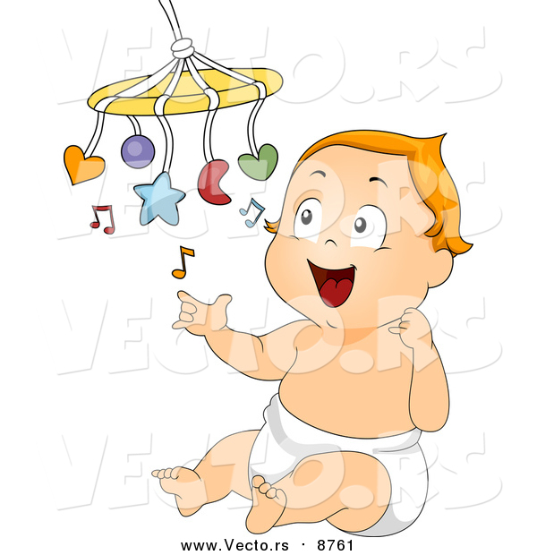 Vector of a Happy Red Haired Caucasian Baby Playing with a Mobile Toy