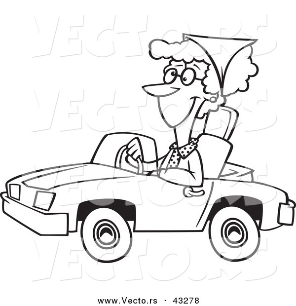 Vector of a Happy Senior Cartoon Woman Driving a Convertible Car - Coloring Page Outline