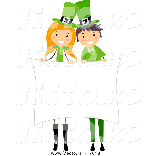 Vector of a Happy St. Patrick's Day Boy and Girl Holding a Blank Sign While Smiling
