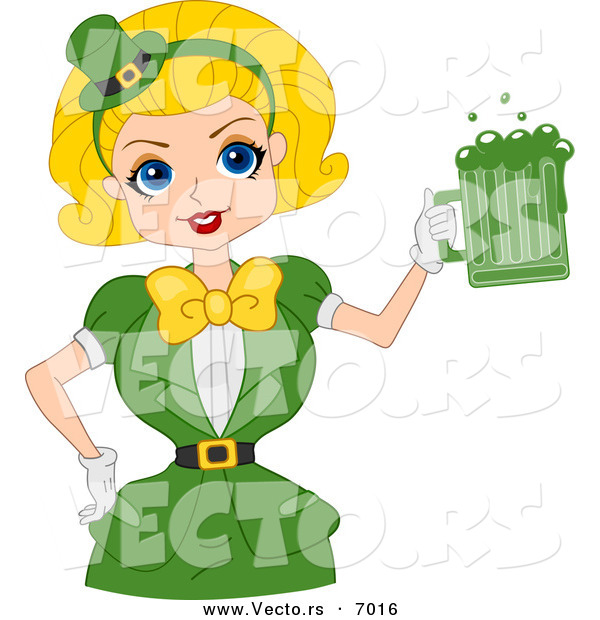 Vector of a Happy St. Patrick's Day Pin-up Girl Serving Green Beer in a Mug
