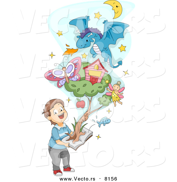 Vector of a Happy White Boy Holding a Pop up Book with Items Emerging from the Pages