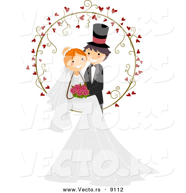 Vector of a Happy Young Couple Posing at a Wedding with Love Hearts