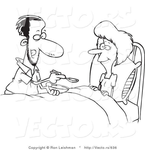 Vector of a Helpful Cartoon Husband Giving Sick Wife Medicine - Line Drawing