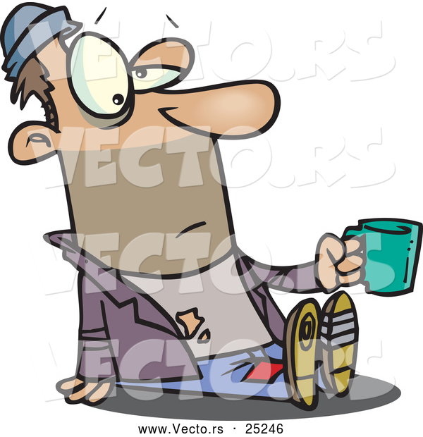 Vector of a Homeless Cartoon Man Holding a Money Cup out
