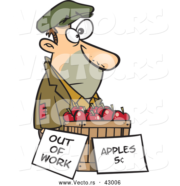 Vector of a Homeless Cartoon Man Trying to Sell Fresh Red Apples for 5 Cents Each - out of Work