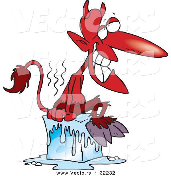 Vector of a Hot Cartoon Devil Sitting on Ice
