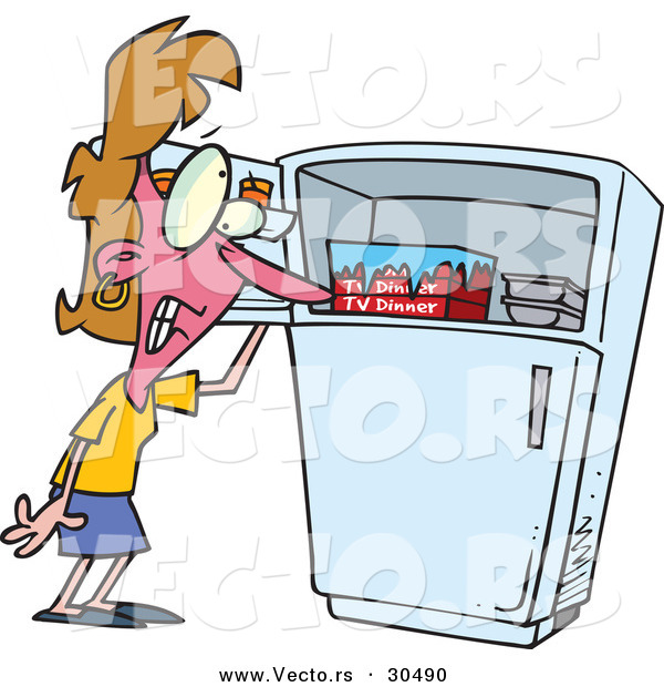 Vector of a Hot Cartoon Woman Standing Beside Freezer While Having a Hot Flash