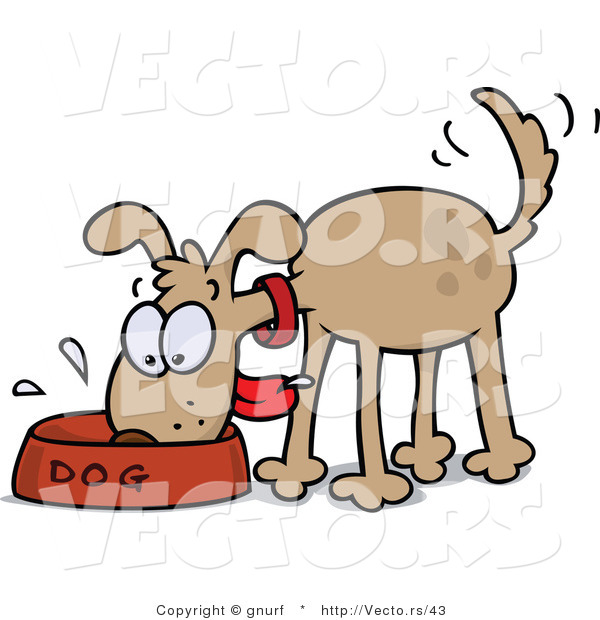 Vector of a Hungry Brown Dog Eating from Bowl While Wagging His Tail