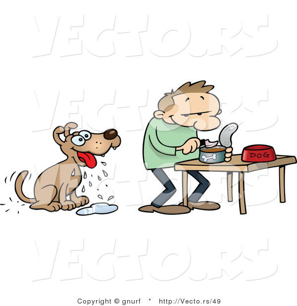 Vector of a Hungry Cartoon Dog Looking at His Owner Prepare Him Mouth Watering Wet Food