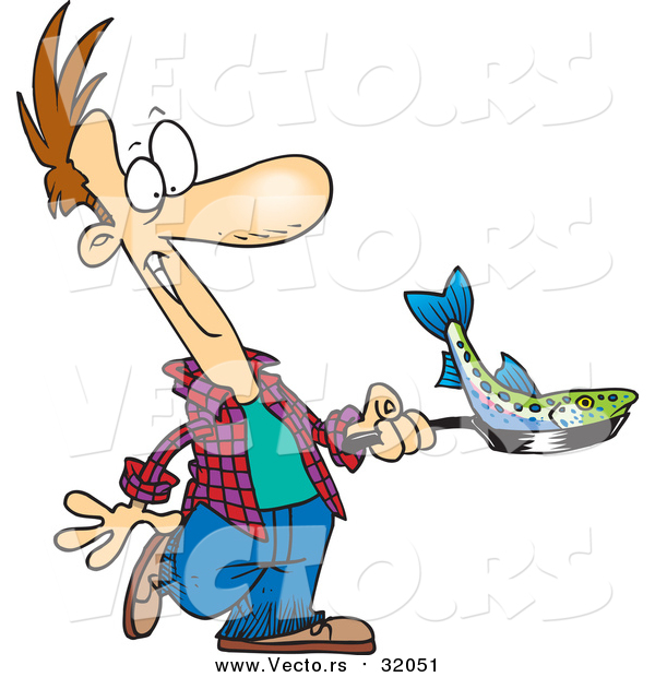Vector of a Hungry Man Cooking Fish in a Pan - Cartoon Style