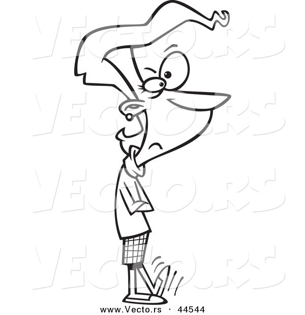 Vector of a Impatient Cartoon Woman with Folded Arms, Tapping Her Foot - Coloring Page Outline