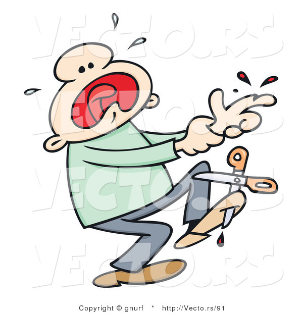 Vector of a Injured Cartoon Man Crying and Screaming After Cutting His Finger with Scissors