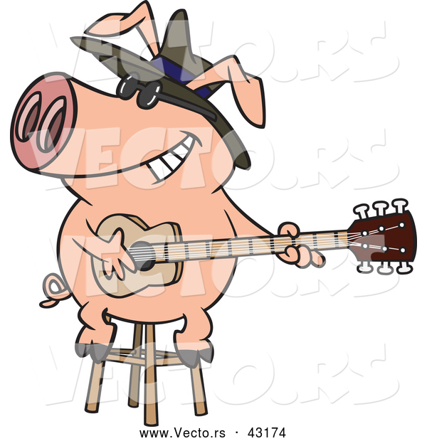 Vector of a Intelligent Cartoon Blues Pig Musician Playing a Guitar with a Big Smile on His Face