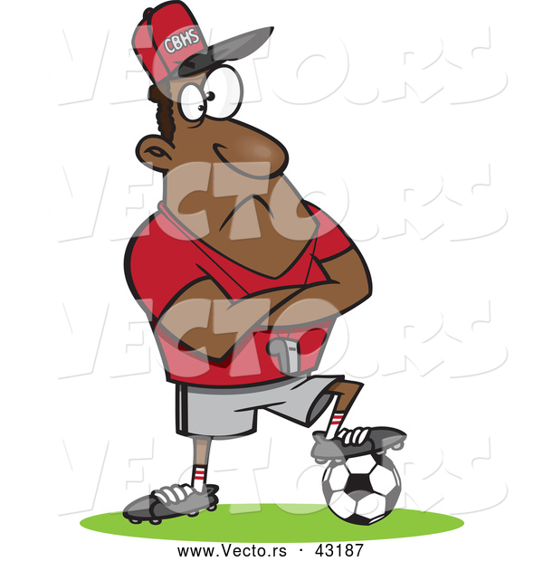 Vector of a Intimidating Cartoon Black Coach Waiting with Arms Crossed and His Foot Resting on a Soccer Ball