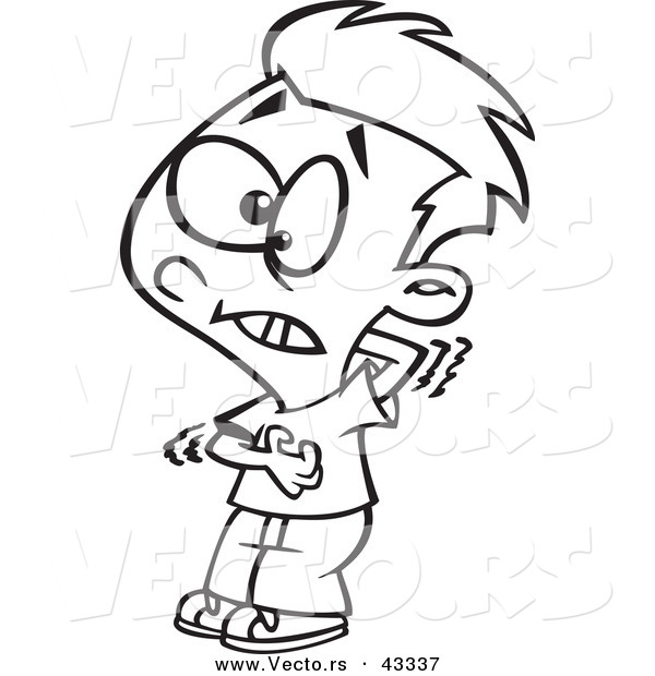 Vector of a Itchy Cartoon Boy Scratching His Chest and Back - Coloring Page Outline