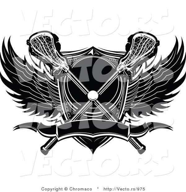 Vector of a Lacrosse Ball and Sticks over Shield with Wings and Banner - Black and White
