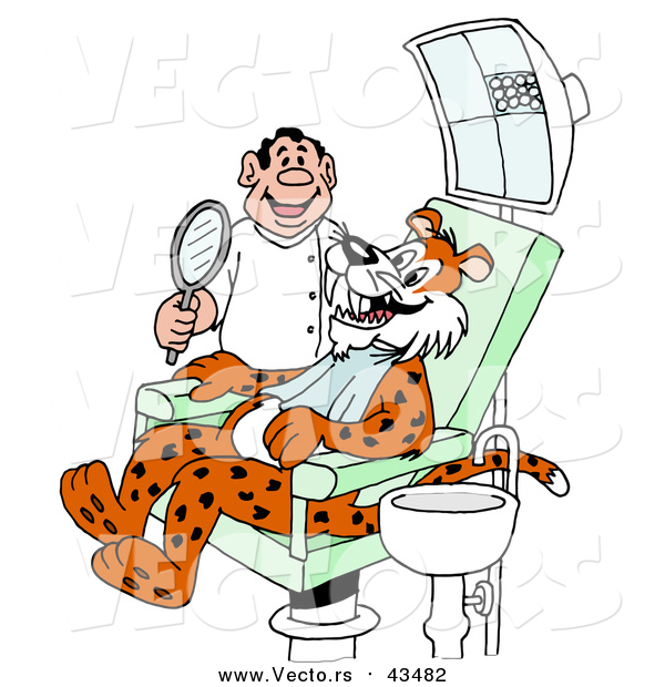 Vector of a Leopard Cat Smiling and Showing His Fangs to a Happy Dentist in an Exam Room