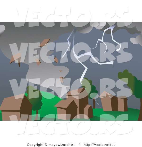 Vector of a Lightning and a Destructive Tornado Ripping Houses Apart in a Small Town
