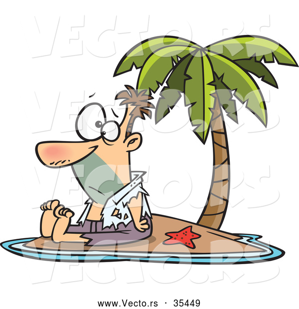 Vector of a Lonely Cartoon Shipwrecked Man Sitting on a Tiny Tropical Island