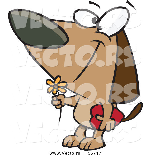 Vector of a Loving Cartoon Dog with a Flower and Candy Box