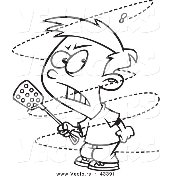 Vector of a Mad Cartoon Boy Trying to Swat an Annoying House Fly - Coloring Page Outline