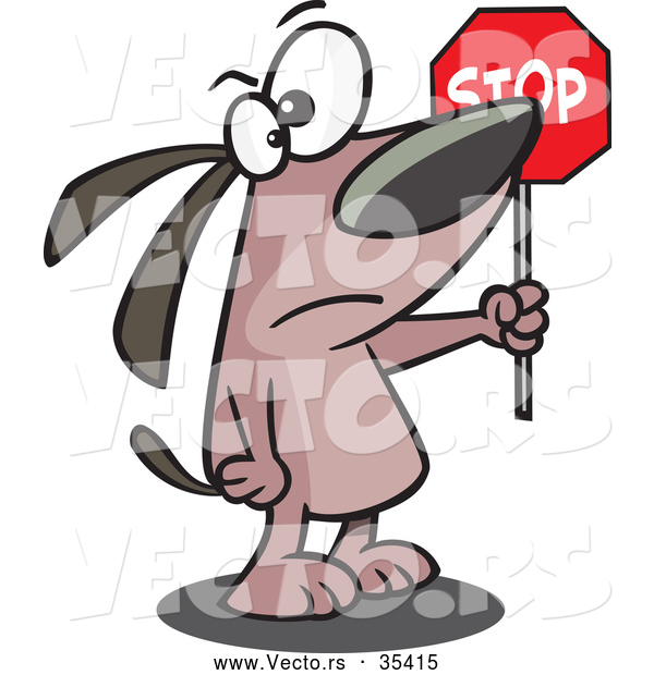 Vector of a Mad Cartoon Dog Directing Traffic to Stop with a Sign