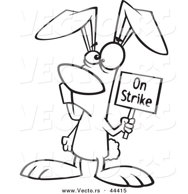 Vector of a Mad Cartoon Easter Bunny Holding an on Strike Sign - Coloring Page Outline