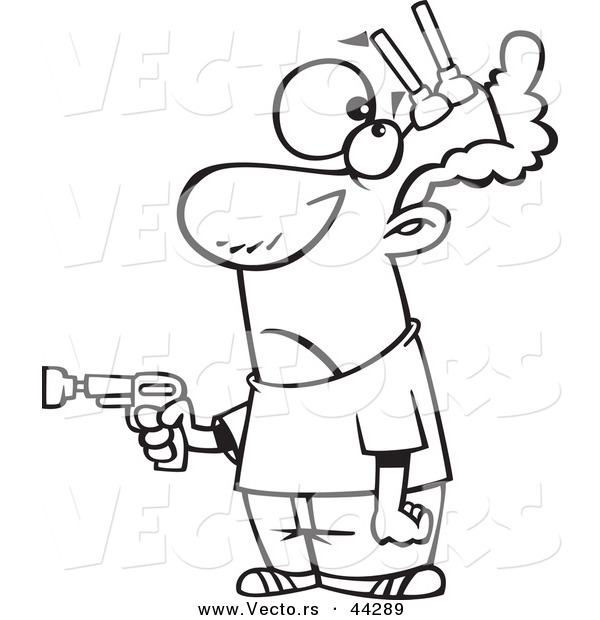 Vector of a Mad Cartoon Man with Nerf Darts Stuck to His Forehead - Coloring Page Outline