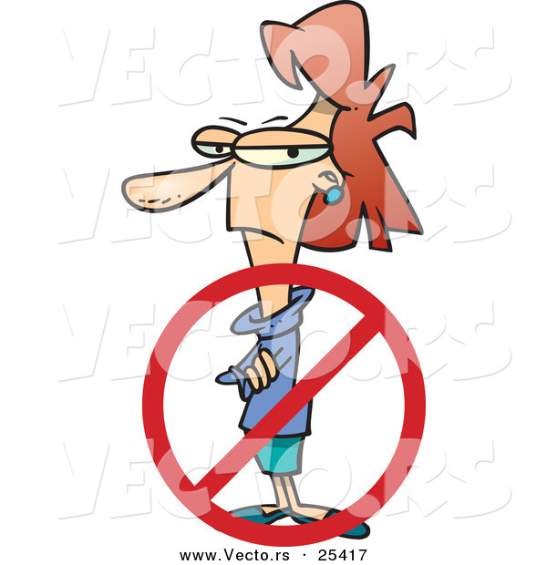 Vector of a Mad Cartoon Woman Standing Behind a Red Rejection Symbol