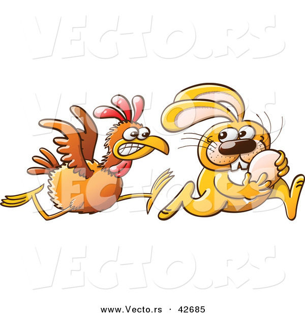 Vector of a Mad Chicken Chasing Easter Bunny with Her Egg