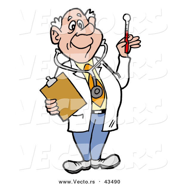 Vector of a Male Senior Caucasian Doctor in a Lab Coat, Wearing a Stethoscope, Holding a Clip Board and Looking at a Thermometer