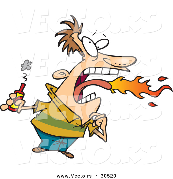 Vector of a Man Breathing Fire While Holding Bottle of Burning Hot Sauce - Cartoon Style