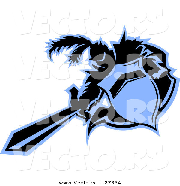 Vector of a Medieval Cartoon Knight Mascot Thrusting Forward with a Sword and Shield - Black and Blue
