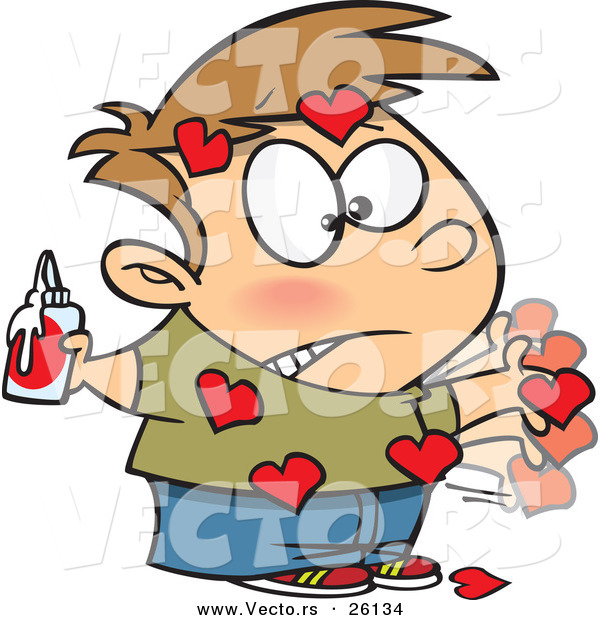 Vector of a Messy Cartoon Boy Covered with Sticky Paper Valentine Love Hearts with Glue