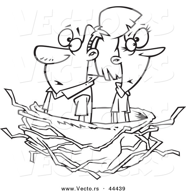Vector of a Middle Aged Cartoon Couple in an Empty Nest - Coloring Page Outline