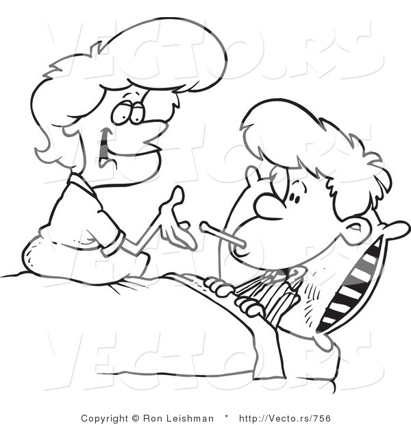 Vector of a Mother Checking Her Sick Son's Temperature - Line Drawing