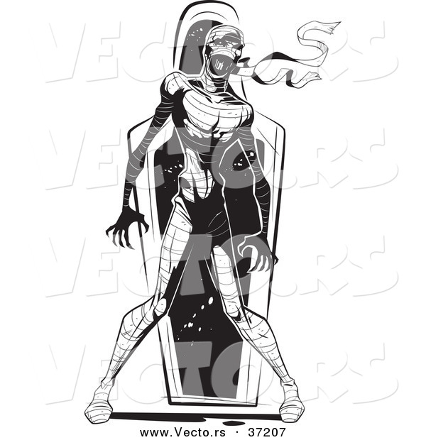 Vector of a Mummy Walking out of a Coffin - Black and White Line Art