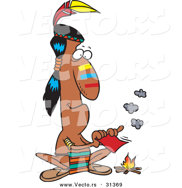 Vector of a Native American Indian Man Fanning Flames of a Campfire with a Memo - Cartoon Style