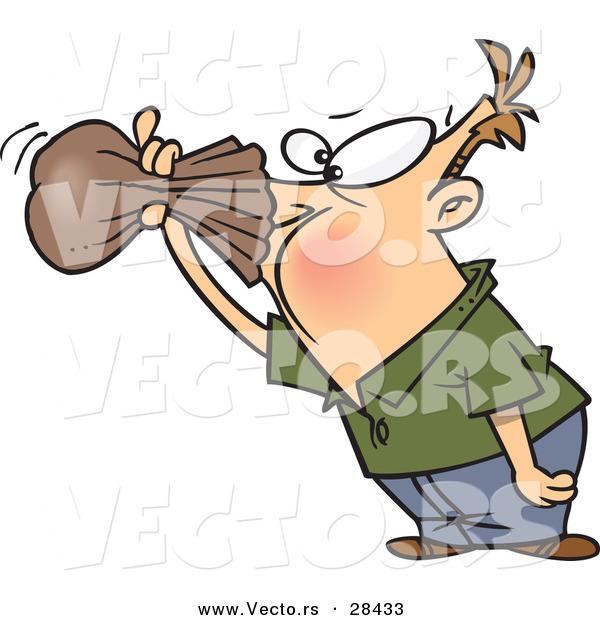 Vector of a Nauseous Cartoon Man Breathing into a Brown Paper Bag