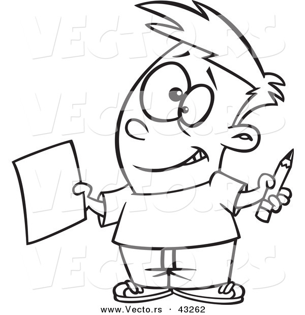 Vector of a Nervous Cartoon Boy Holding out a Sheet of Paper and a Pencil - Coloring Page Outline