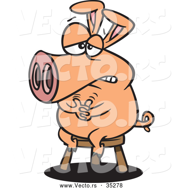 Vector of a Nervous Cartoon Pig Sitting on a Stool