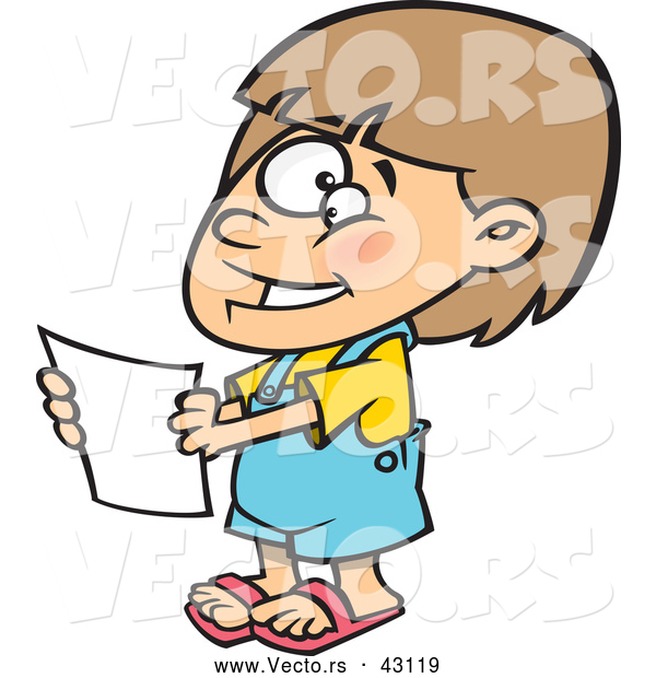 Vector of a Nervously Smiling Cartoon Girl Holding a Blank Report