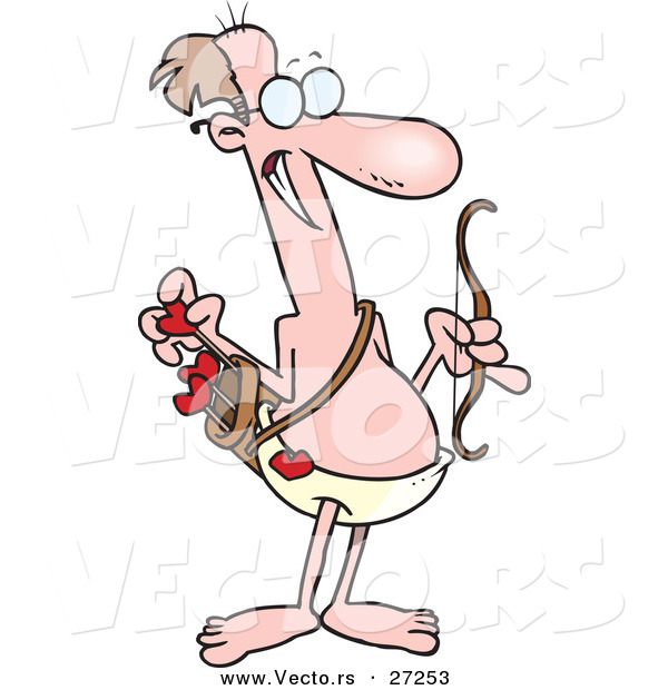 Vector of a Old Cartoon Cupid Man Smirking While Holding a Bow and Reaching for a Love Heart Arrow
