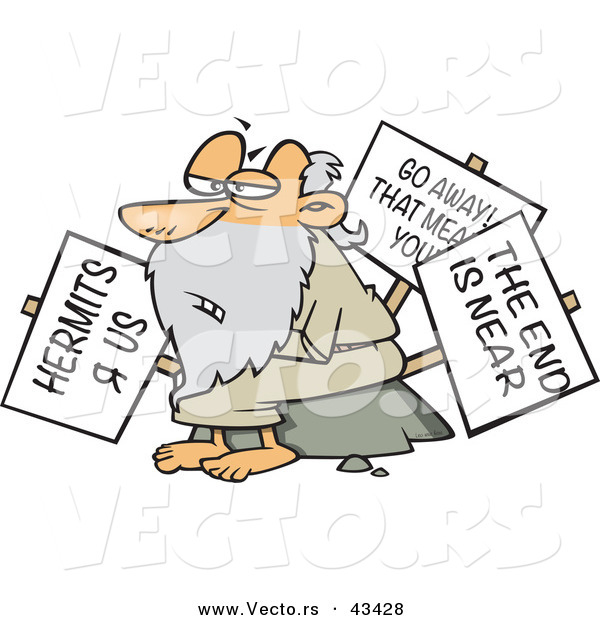 Vector of a Old Cartoon Hermit Man Carrying 3 Signs